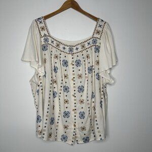 Torrid Square Neck Flutter Sleeve Top Womens‎ 4X Cream Brown Embroidered Boho